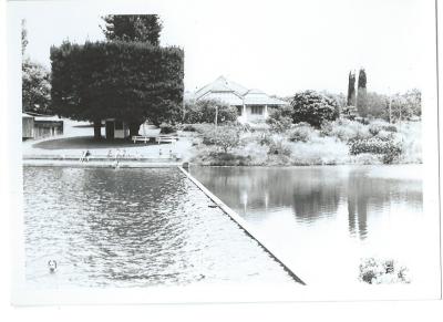 Black and white photograph of children swimming in either Lake or Pool
