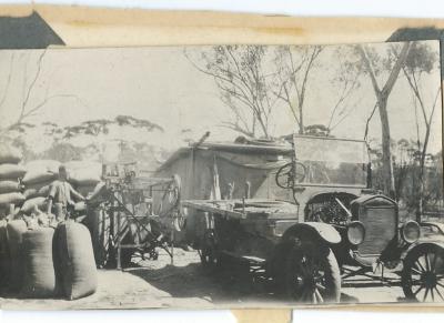Black and White photograph.  1930 Wheat grading using old T Ford. 2nd stage Morrison - Doodlakine