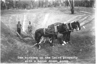 Black and white photograph.  Horse team sinking Dam. Possibly Laird?