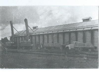 Black and white photograph.  Wheat trucks delivering to Doodlakine Wheat Bin 1952
