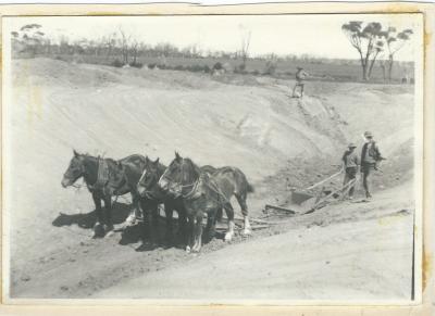 Black and white photograph.  Horse team sinking a dam on Laird's farm