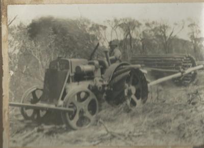 Black and white photograph.  Scrub roller and 12 - 20 Case tractor. Colin and Evelyn Pontifex 1926