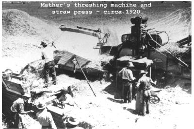 Black and white photograph. Threshing oats and baling straw. Mather's plant Kellerberrin