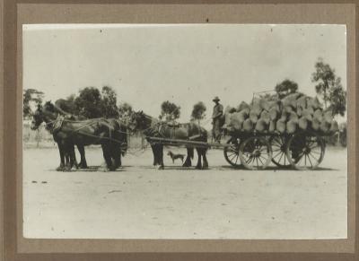 Black and white photograph. J Johns wheat carting to Doodlakine