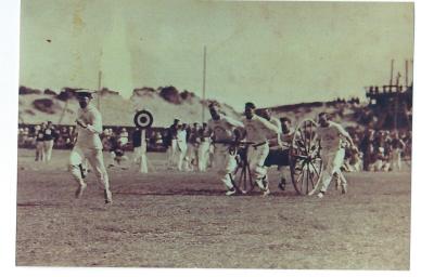 Black and White photograph 1929. Kellerberrin Fire Brigade running team.  Cart event, Perth Oval 1929