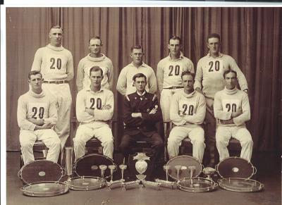 Black and White photograph. Kellerberrin Fire Brigade Running Team 1929 Front - Mickie Hewitt, George Gardiner, George Skidmore, Chuck (Eldon) Henderson, Charlie Davis Back - Harold Smith, Cyril Actinson, George Dixon, Mutt Gardiner, George Scott