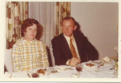 Colour photograph 'Crink' Humbleby (Stan), Colleen Humpleby at Christmas Party for Kellerberrin Farmers Co-op early 1970's