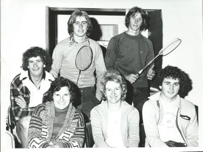 Kellerberrin Badminton squad.  1980's Black and White photograph. Nigel France, Flo Bertuola, Pip Jones, Jean Hayes, Paul Fulcher, Stephen Batchelor