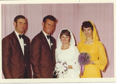 Colour photograph.  Wedding of Tony  Alcock and Barbara Ralph.  Malcolm Alcock, Tony Alcock, Barbara Ralph