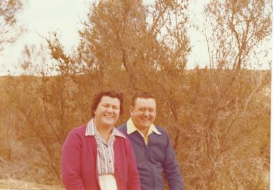 Colour photograph of Len and Audrey Harris.  Len worked at Kellerberrin Farmers Co-op and also did amateur photography.  Audrey was a very respected music teacher