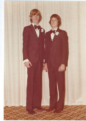 Colour photographs of Garry France and Paul Evans.  School Ball 1970's.  Garry France - son of Bill and Jeanette France, he worked in the Kellerberrin Farmer's Co-op and was also a member of popular Kellerberrin Band "Just Us". Paul Evans - Son of Farm...