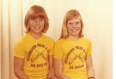 Colour photograph.  Stephen McWhirter and his sister Leanne McWhirter. Kellerberrin Police and Citizens Youth Club.  Air rifle team.  1970's.  Son and daughter of John and Jackie McWhirter