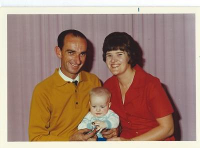 2 x colour photographs.  Alan and  Barbara Ball with son Jeremy Ball. Barbara Ball was a school teacher at Kellerberrin District High School in the 1970's