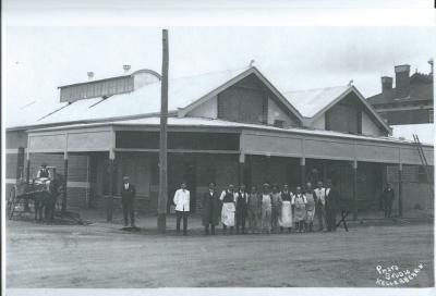 Black and White photograph.  Opening of Kellerberrin Farmers Co-op 1927.  Mr T Leahy marked with cross