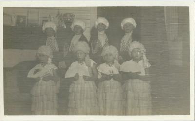 Black and White photograph.  Children's Fancy Dress ball at Doodlakine 1935. Norma Lowe, Marj Magson