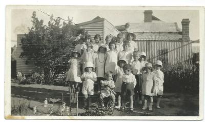 Black and White photograph.  Betty Nomnus 3 year old Birthday party