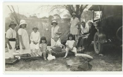 Black and White photograph "Dangermanning" Doodlakine.  Lill Rudge, Mary Hamersley, Bill and Kath Nomnus, Pat Hamersley, Thelma Dyer, Joyce Dyer, Mr Dyer