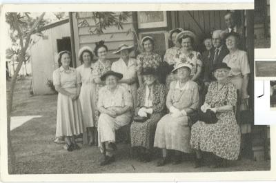Black and white photograph - visit of Moderator - General Presbyterian Church October 1954. Mavis Forsyth, Mrs McNeil, Beryl Morrison, Phyllis Wilson, Dorrie Thompson