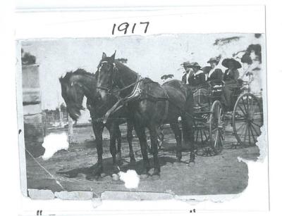 Black and White photograph.  Horse and Cart - 4 Passengers 1917