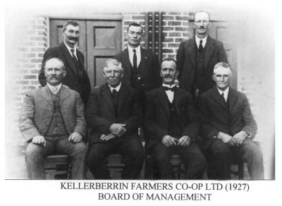 Black and White photograph.Kellerberrin Farmers Co-op.  Board of Management Back Row : J Clothier, F Partridge (Manager), F A Silsbury Front Row : Evan David, M A McCabe, Jim Cole, R M Leake