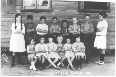 Black and White photograph. Daadenning Creek school 1926 Back Row : Joyce Jones (Mrs Hunter), Syd Cole, Walter Elson, Ivan Stone, Percy Cole, Eric Jones, Ken Williams, Myrtle Cole (Mrs Cyril Fleming) Front Row : Gladys Cole, Jessie Pengelly, Molly Jone...