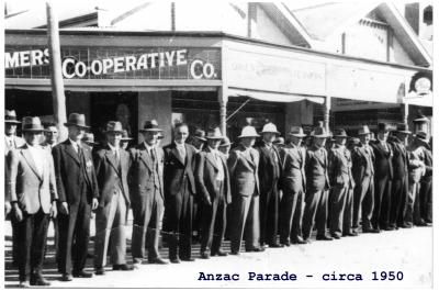 Black and White photograph.  Anzac Parade outside Kellerberrin Co-op 1950