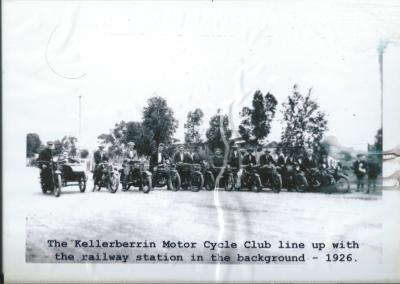 Black and White Photograph.  Kellerberrin Motor Cycle Club line up with the Railway Station in the Background 1926