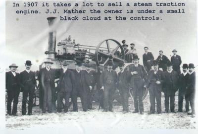 Black and White photograph.  Steam Traction Engine 1907.  Owned by JJ Mather