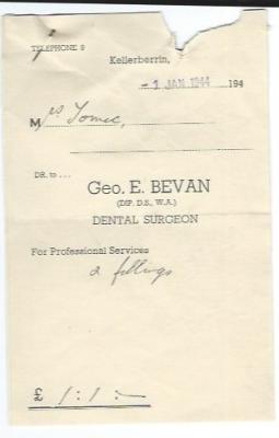 Wine label - Old Australian Royal Reserve Port - grown and prepared by Tomic & Son Kellerberrin. Dental surgeon invoice - Geo E Bevan 1 Jan  1944 Freight Invoice - F Skellern carrier and contractor 30/11/47. Account Statement - Kellerberrin Farmers Co-...