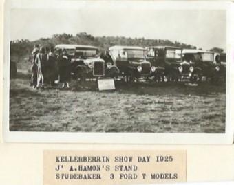 Black and white photograph Kellerberrin Show Day 1925 J A Hamon's stand.  Studebaker 3 Ford T Models