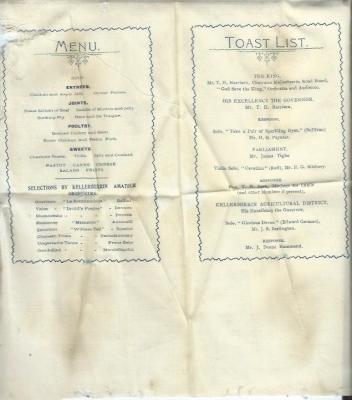 Menu and toast list printed on silk. Dinner held with his excellency the Governor, Mr T H Harrison in attendance