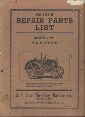 66 page booklet Parts List for Model K Tractor.  Printed by J I Case Threshing machine co (inc). Racine Wisconsin USA