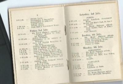 Small red book - 6 pages Time table of HRH the Prince of Wales visit to Western Australia 30 June 1920 - 9 July 1920.  His train passes through Kellerberrin on 8 July 1920