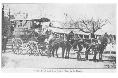 Copy of Black and white photograph The Royal Mail coach from Perth to Albany in the 1880's