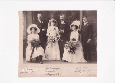 Black and White photograph of the wedding of Caleb and Florence Massingham. From Left - Edith Carson, John Massingham. Florence Carson, Caleb Massingham, Dorothy Bainbridge, Harold Carson