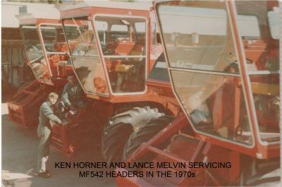 Colour photograph Ken Horner and Lance Melvin servicing MF542 Headers in the 1970's
