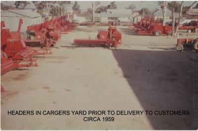 Colour photograph.  Headers in Carger's yard prior to delivery to customers Circa 1959