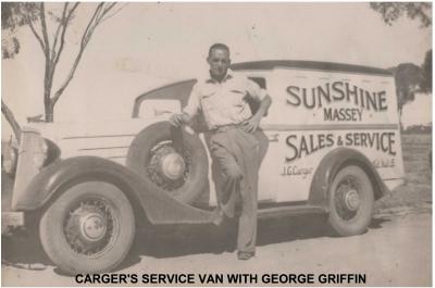 Black and white photograph.  George Griffin and Carger's Service van during the 1940's