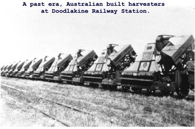 Black and White photograph 12 Australian Built harvesters at Doodlakine Railway Station