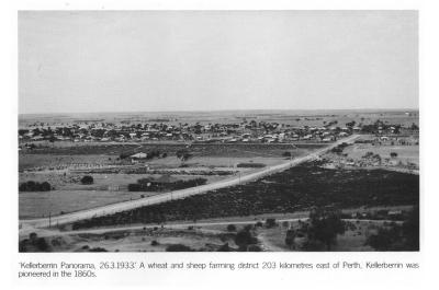 Black and White photograph "A wheat and sheep farming district 203 kms east of Perth.  Kellerberrin was pioneered in the 1860's"