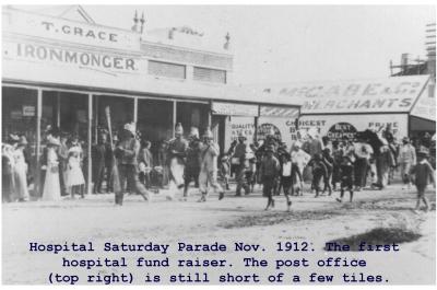 Black and White photograph Hospital Saturday parade November 1912 The first hospital fundraiser.  The Post Office (Top Right) is still short of a few