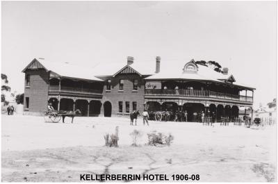 Black and White photograph. Kellerberrin Hotel.  Horse and Buggies outside with hitching rails