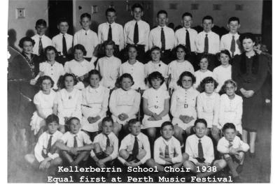 Black and white photograph. Kellerberrin School Choir 1938.  Equal first at Perth Music Festival.  32 students and 2 teachers