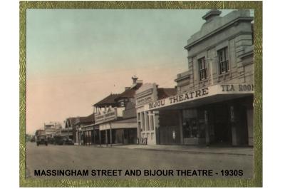 Colour photograph.  Massingham St and Bijou Theatre (later Regent) Circa 1930