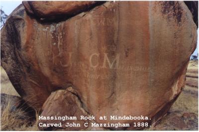 Colour photograph.  Rock at Mindebooka Reserve.  Carved John C Mazzingham 1888