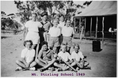 Black and White photograph St Stirling School students 1949 Betty Gunn, Robert Gardner, David King, Janice Newman, Yvonne Newman, Dorothy Sales, Andrew McNeil, Graham Newman, Kevin Sales