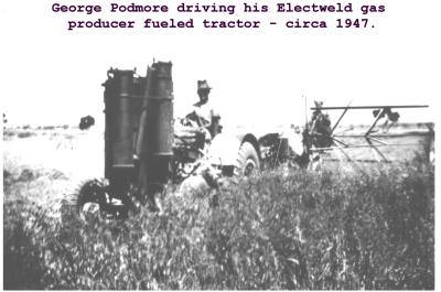 Black and White photograph.  George Podmore driving his Electweld gas producer fueled tractor