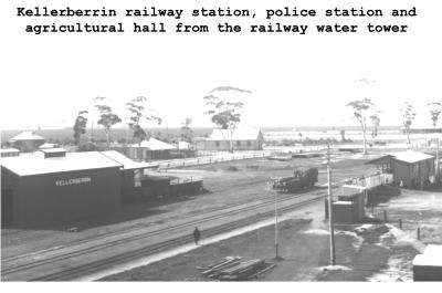 Black and White photograph.   Kellerberrin Railway Station, Police Station and Agricultural Hall from the Railway Water Tower