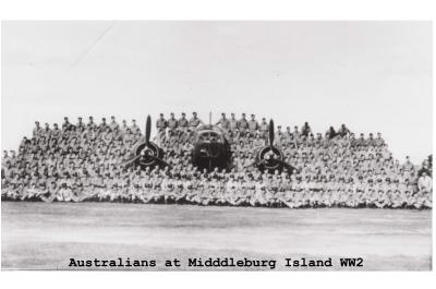 Black and White photograph Australians at Middleburg Island WW2 with War Plane