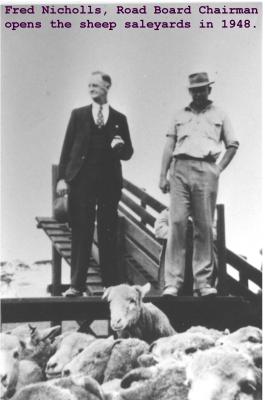 Black and White photograph.  Fred  Nicholls, Road Board Chairman opens the sheep sale yards in 1948